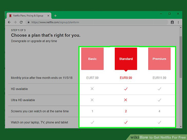 Bước 3 chọn gói tài khoản netflix để bắt đầu dùng thử