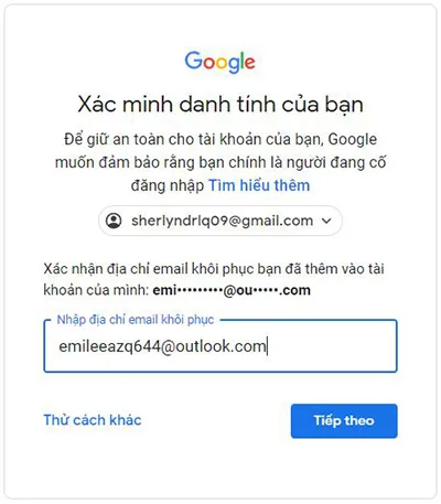 Điền email khôi phục để đăng nhập youtube premium