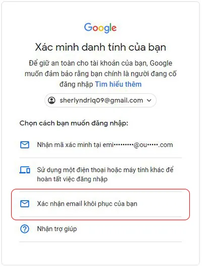 Chọn email khôi phục làm phương thức xác minh youtube premium